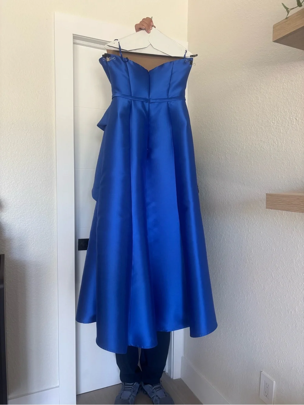 Rene Ruiz Strapless Cobalt Blue Satin A-Line Dress with Side Cascade